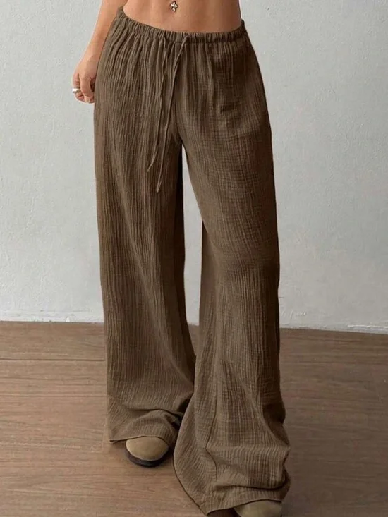 100% cotton textured drawstring pants brown summer beach pants low rise - Picture 2 of 4